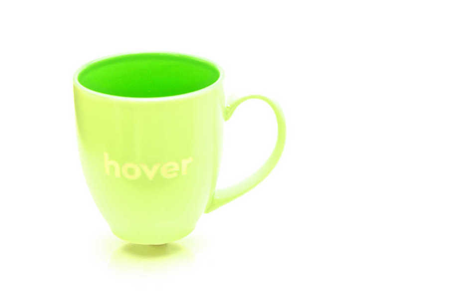 Photo of a green mug bearing the word hover