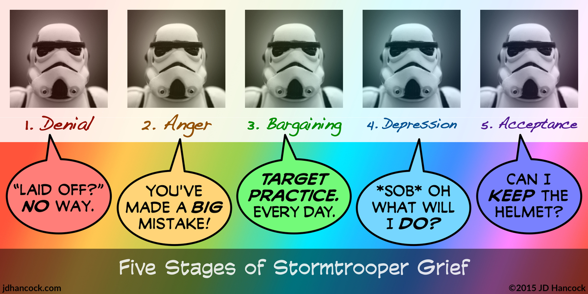 PopFig toy comic with five identical photos of a stormtrooper.