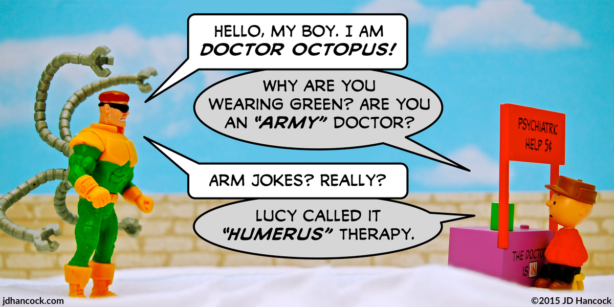 PopFig toy comic with Doctor Octopus and Charlie Brown.