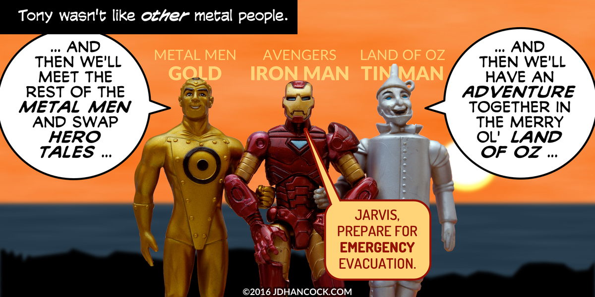 PopFig toy comic with Gold, Iron Man, and Tin Man.