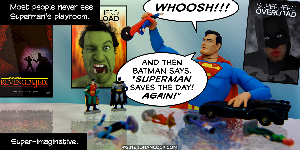 PopFig toy comic with Superman in his super-playroom.