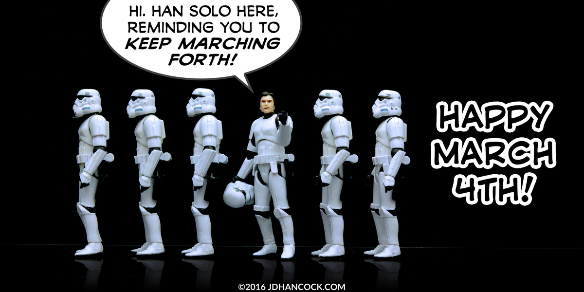 PopFig toy comic with Han Solo marching with stormtroopers.