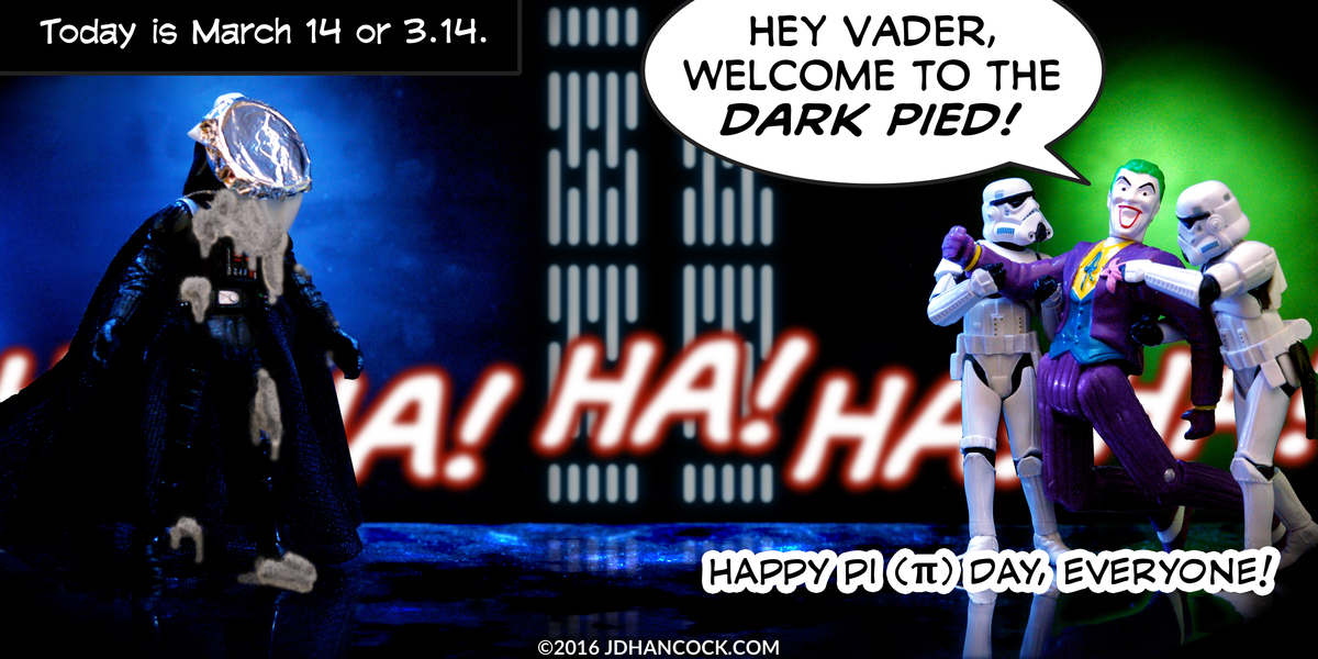 PopFig toy comic with Darth Vader with pie on his face and Joker.