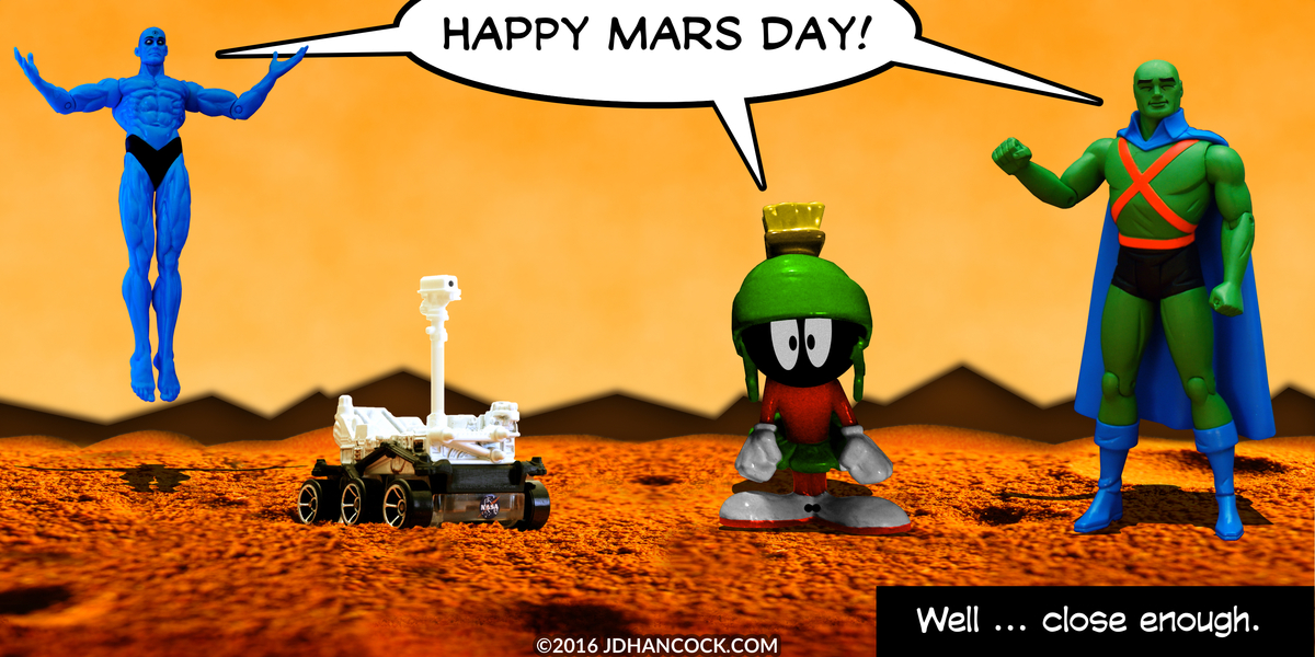 PopFig toy comic with several Martians and a NASA rover.