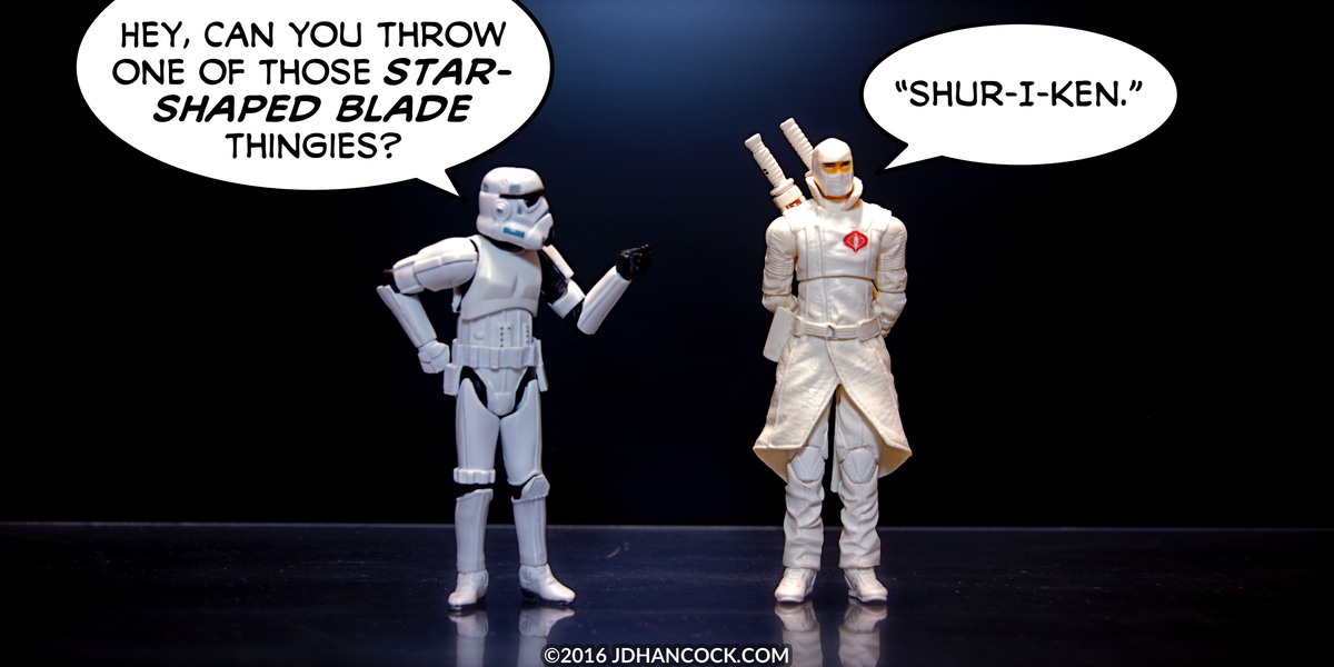 PopFig toy comic with a stormtrooper and Storm Shadow from G.I.Joe.