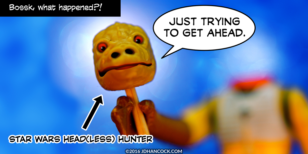PopFig toy comic with Bossk carrying his head on a stick.