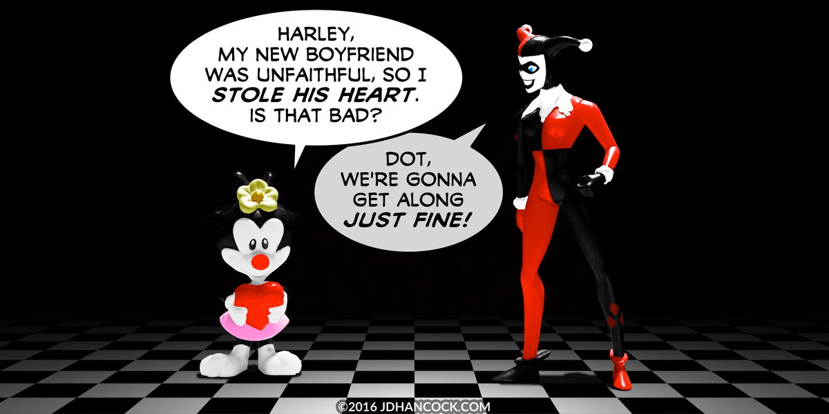 PopFig toy comic with Dot Warner and Harley Quinn.