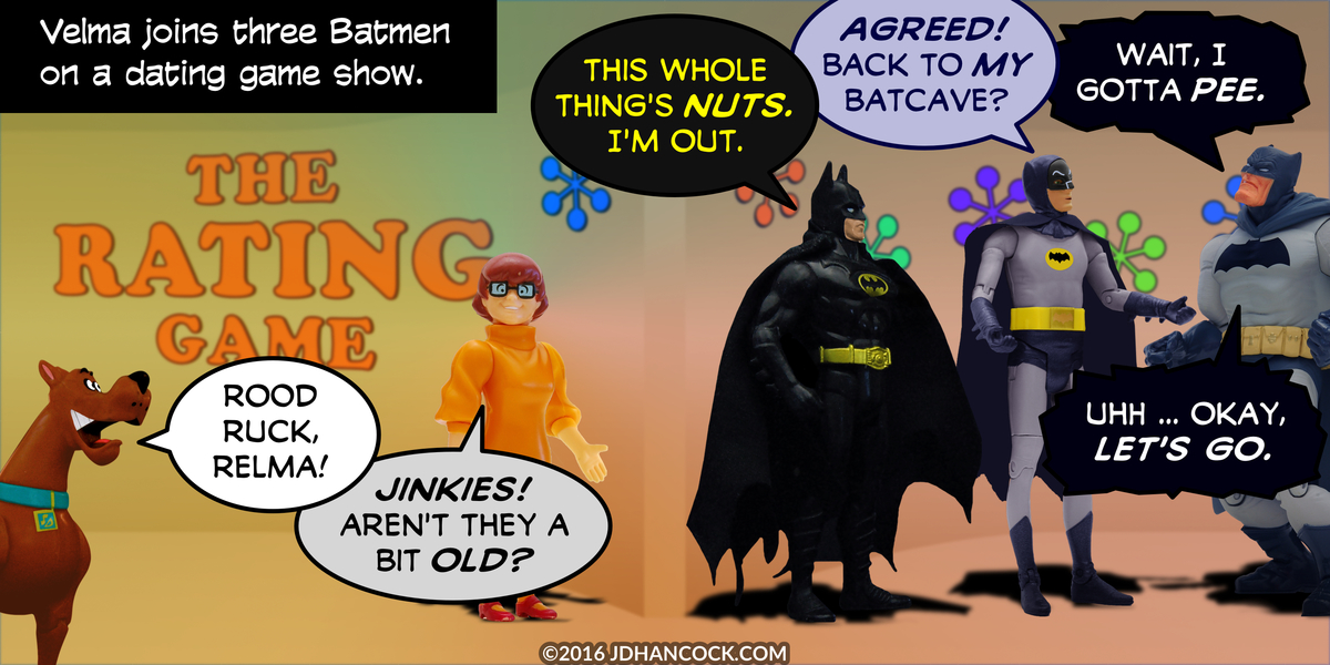 PopFig toy comic with Velma, Scooby, and three Batmen.
