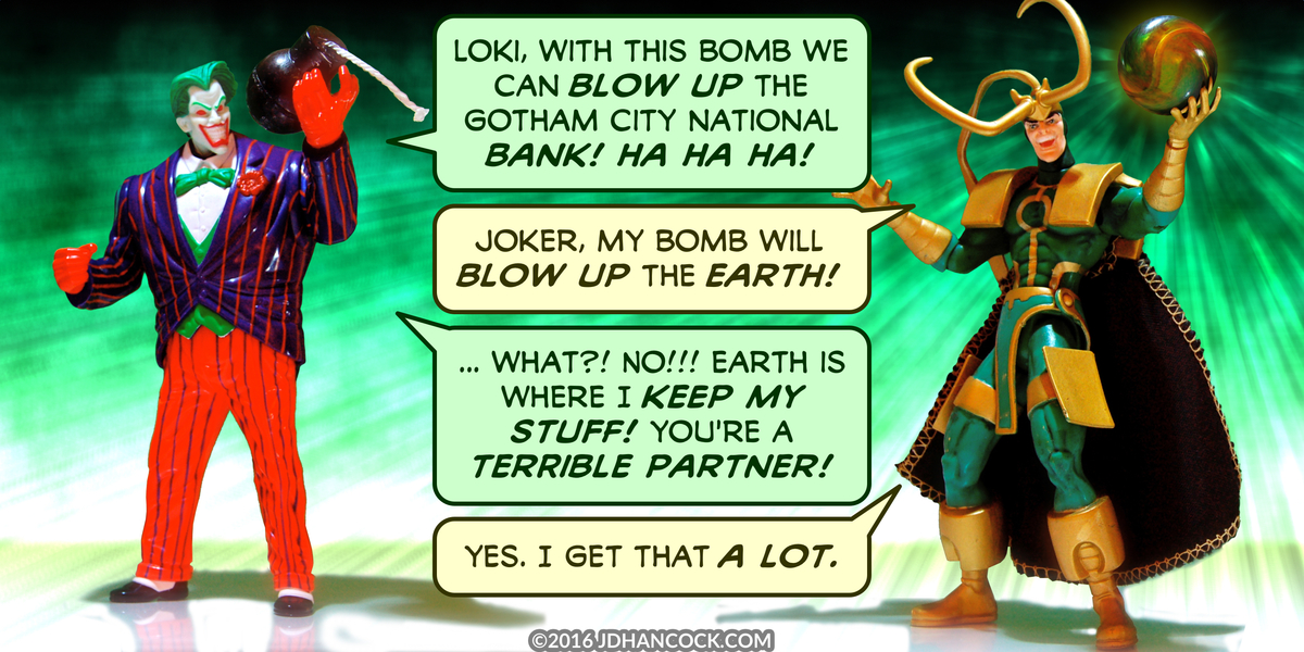 PopFig toy comic with Joker and Loki.