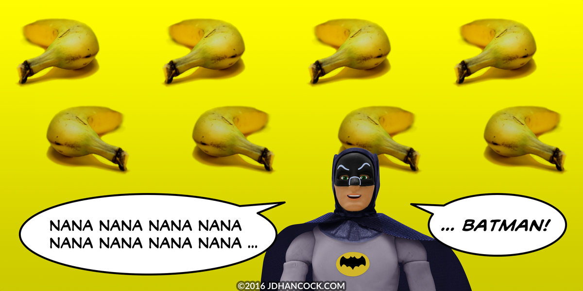 PopFig toy comic with bananas and Batman.