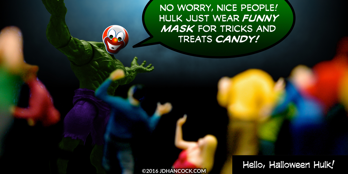 PopFig toy comic with Hulk and terrified citizens.