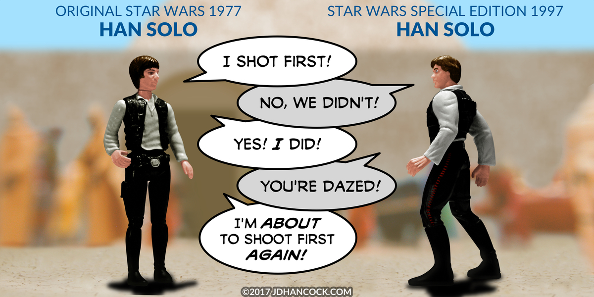 PopFig toy comic with 1977 Han Solo and 1997 Han Solo.