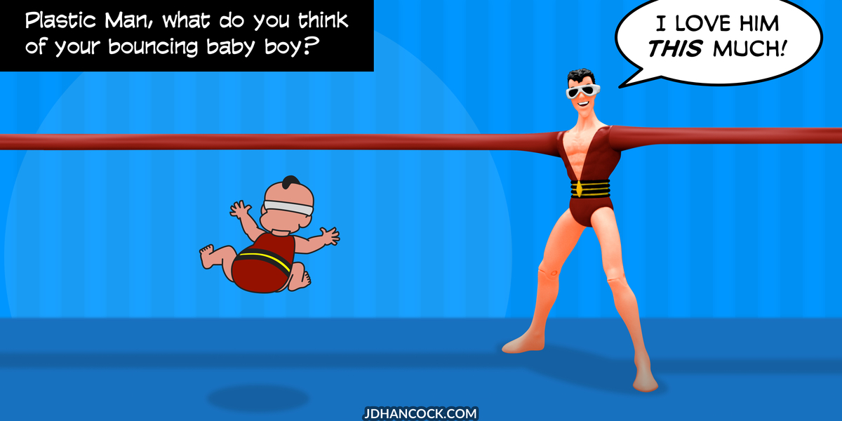 PopFig toy comic with Plastic Man and his son.