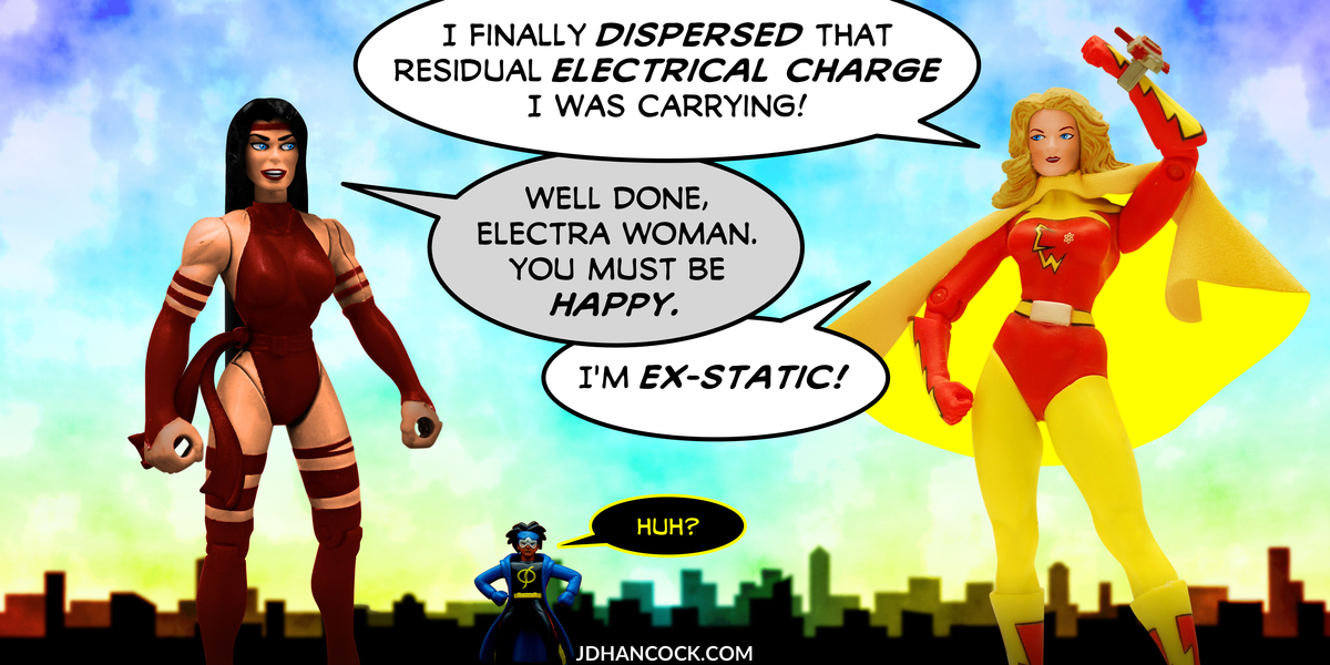 PopFig toy comic with Elektra, Electra Woman, and Static.