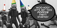 PopFig toy comic with aliens from the film Alien with party hats.