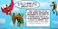 PopFig toy comic with Falcon, Hawkman, and Boba Fett.