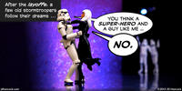 PopFig toy comic with a stormtrooper dancing with Storm.
