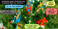 PopFig toy comic with Justice League Christmas tree ornaments.