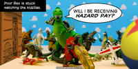 PopFig toy comic with Rex the dinosaur and many mini-Godzillas.
