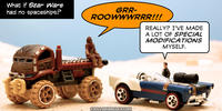 PopFig toy comic with Han Solo, Chewie, and their land vehicles.