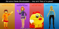 PopFig toy comic with Velma, Daphne, Ms. Pac-Man, and Buffy.
