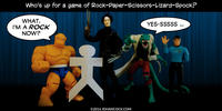 PopFig toy comic with Thing, paper person, Edward Scissorhands, Lizard, and Spock.