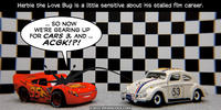 PopFig toy comic with Lightning McQueen and Herbie the Love Bug.