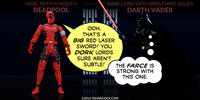 PopFig toy comic with Deadpool and Darth Vader.
