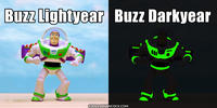 PopFig toy comic with Buzz Lightyear in the day and night.