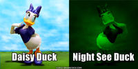 PopFig toy comic with Daisy Duck, normally vs with night vision.