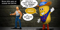 PopFig toy comic with Bruce Willis and Twinkie the Kid.