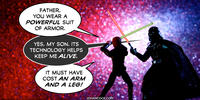 PopFig toy comic with Luke Skywalker and Darth Vader.