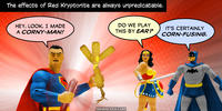 PopFig toy comic with Superman, Wonder Woman, and Batman.