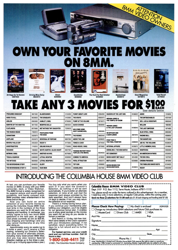 Columbia House 8MM Video Club ad